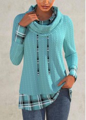 Plaid Patchwork Mint Green Long Sleeve Cowl Neck Sweatshirt