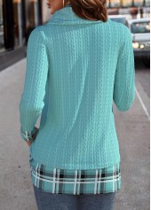 Plaid Patchwork Mint Green Long Sleeve Cowl Neck Sweatshirt