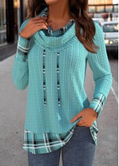 Plaid Patchwork Mint Green Long Sleeve Cowl Neck Sweatshirt