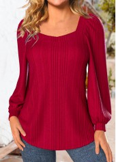 Long Sleeve Square Neck Red Sweatshirt