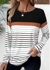 Striped Patchwork Black Long Sleeve Round Neck T Shirt