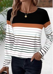 Striped Patchwork Black Long Sleeve Round Neck T Shirt