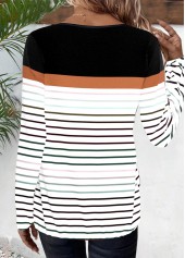 Striped Patchwork Black Long Sleeve Round Neck T Shirt