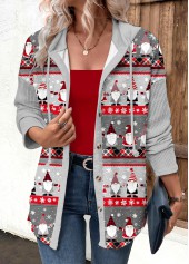 Christmas Print Drawstring Grey Long Sleeve Hoodie