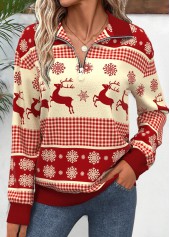 Christmas Zipper Wine Red Long Sleeve Sweatshirt