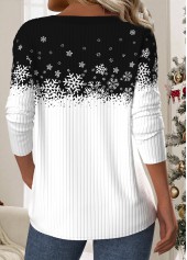 Christmas Snowflake Print Patchwork Black Long Sleeve T Shirt