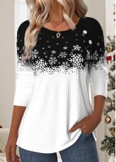 Christmas Snowflake Print Patchwork Black Long Sleeve T Shirt