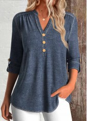 Split Denim 3/4 Sleeve Tunic Blue Shirt