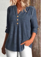 Split Denim 3/4 Sleeve Tunic Blue Shirt