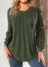 Patchwork Olive Green Long Sleeve Round Neck Sweatshirt