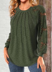 Patchwork Olive Green Long Sleeve Round Neck Sweatshirt