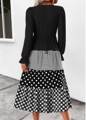 Geometric Print Patchwork Black Long Sleeve Split Neck Dress