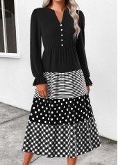 Geometric Print Patchwork Black Long Sleeve Split Neck Dress