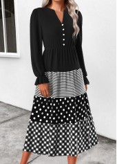 Geometric Print Patchwork Black Long Sleeve Split Neck Dress