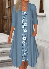 Floral Print Fake 2in1 Dusty Blue A Line Dress