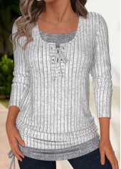 Patchwork Grey Long Sleeve Scoop Neck T Shirt