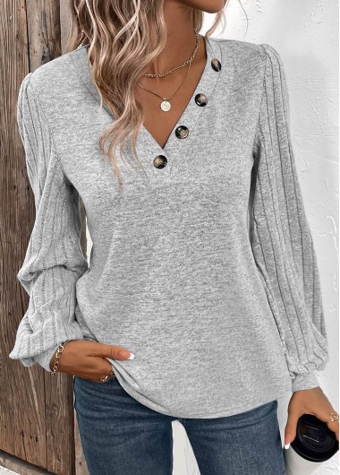 Button Light Grey Long Sleeve V Neck T Shirt