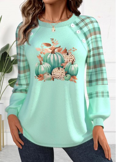 Striped Pumpkin Print Button Mint Green Long Sleeve Sweatshirt Striped Pumpkin Print Button Mint Green Long Sleeve Sweatshirt