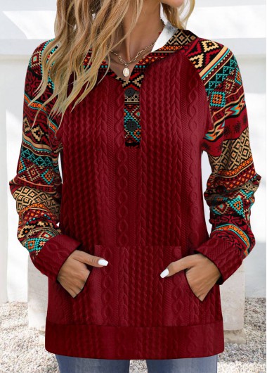 Wine Red Plus Size Patchwork Tribal Print Hoodie