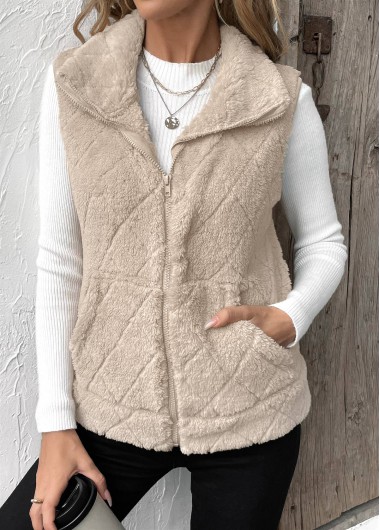 Zipper Beige Sleeveless Turn Down Collar Waistcoat