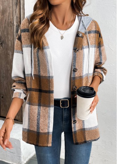 Plaid Drawstring Dark Coffee Long Sleeve Hooded Shirt Plaid Drawstring Dark Coffee Long Sleeve Hooded Shirt