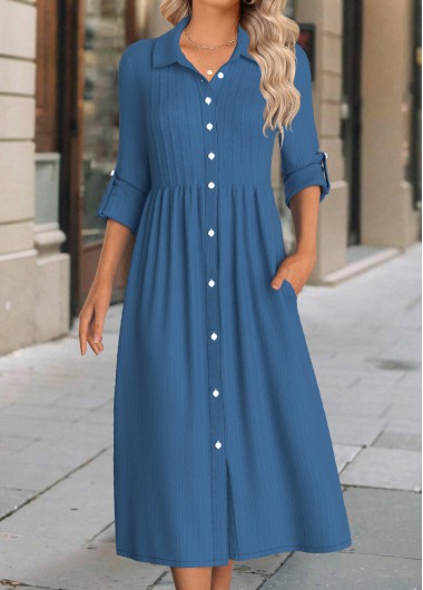 Button Denim Blue Long Sleeve Shirt Collar Dress