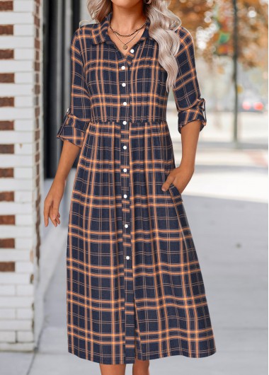 Plaid Button Navy Long Sleeve Shirt Collar Dress