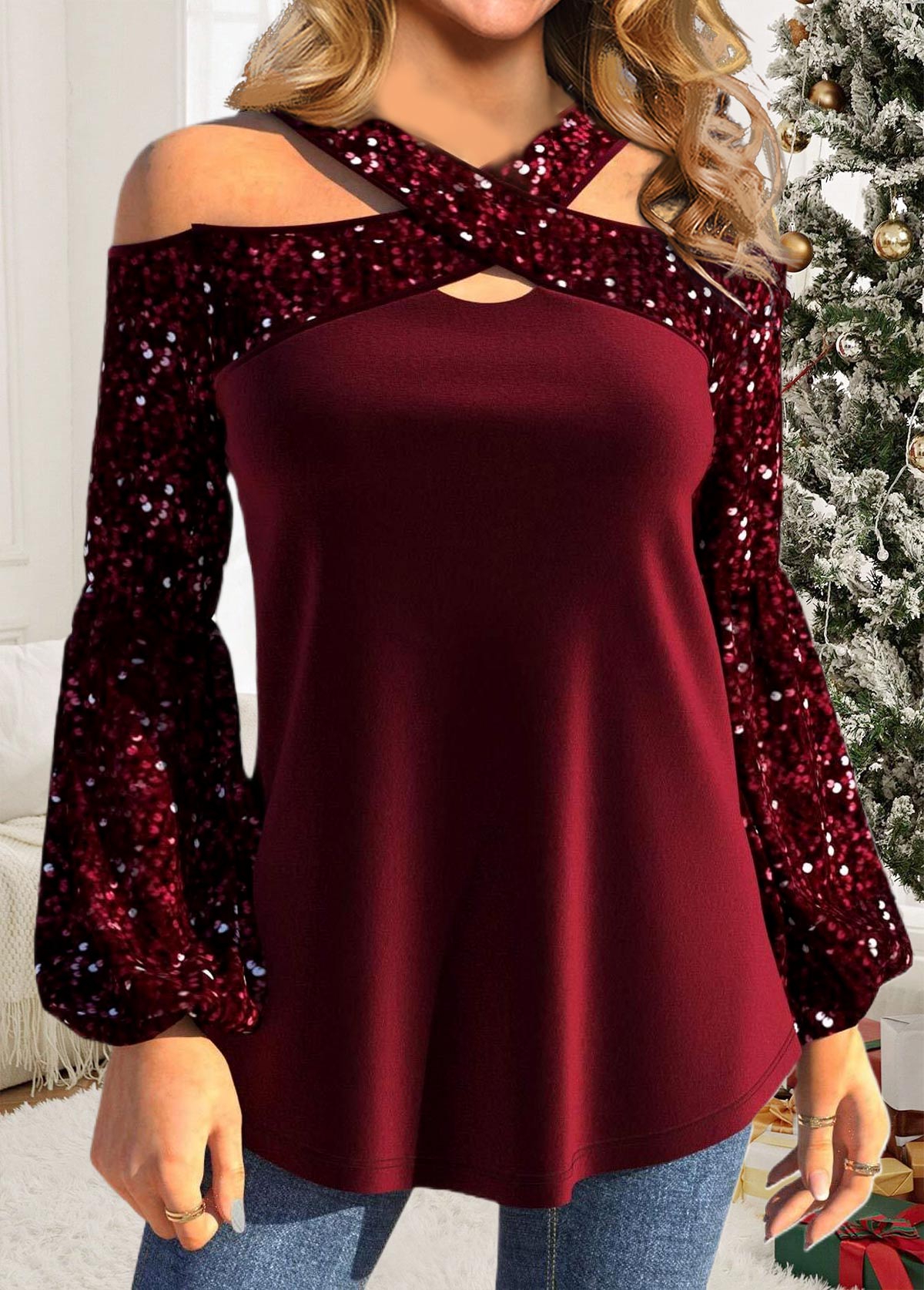 Criss Cross Wine Red Long Sleeve Blouse