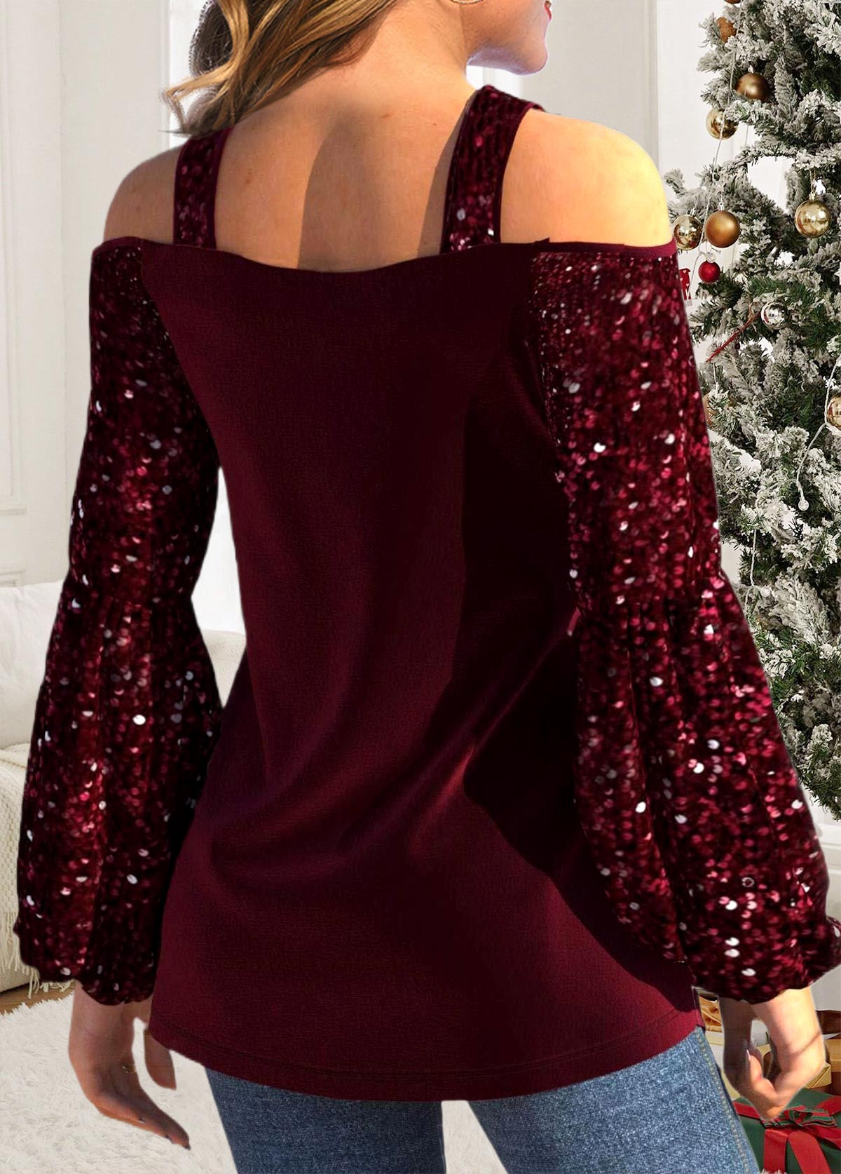 Criss Cross Wine Red Long Sleeve Blouse