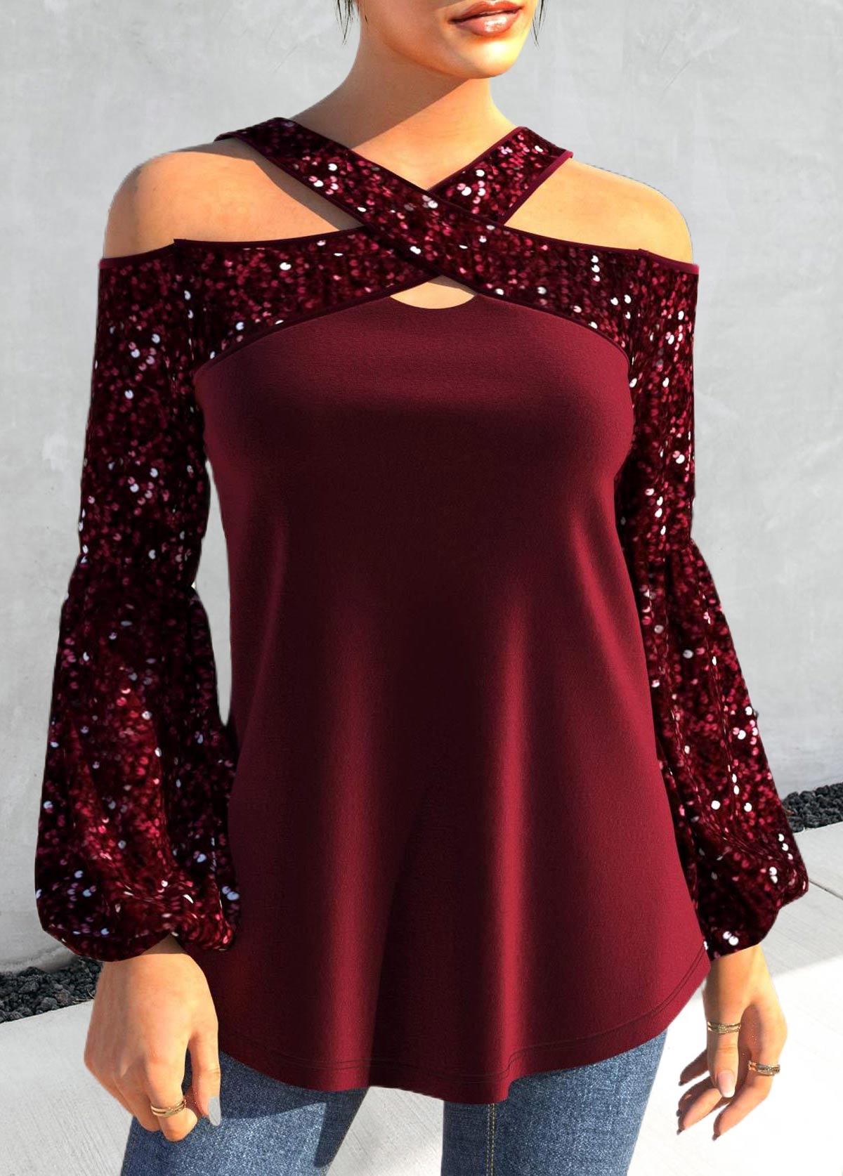 Criss Cross Wine Red Long Sleeve Blouse