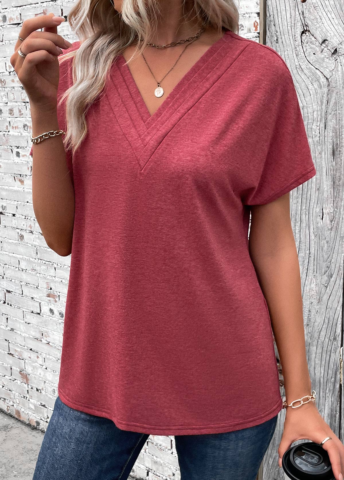 Patchwork Brick Red Short Sleeve V Neck T Shirt