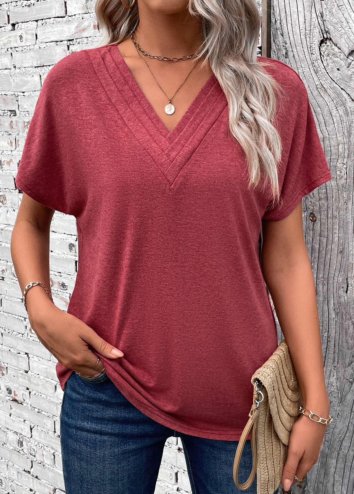 Patchwork Brick Red Short Sleeve V Neck T Shirt