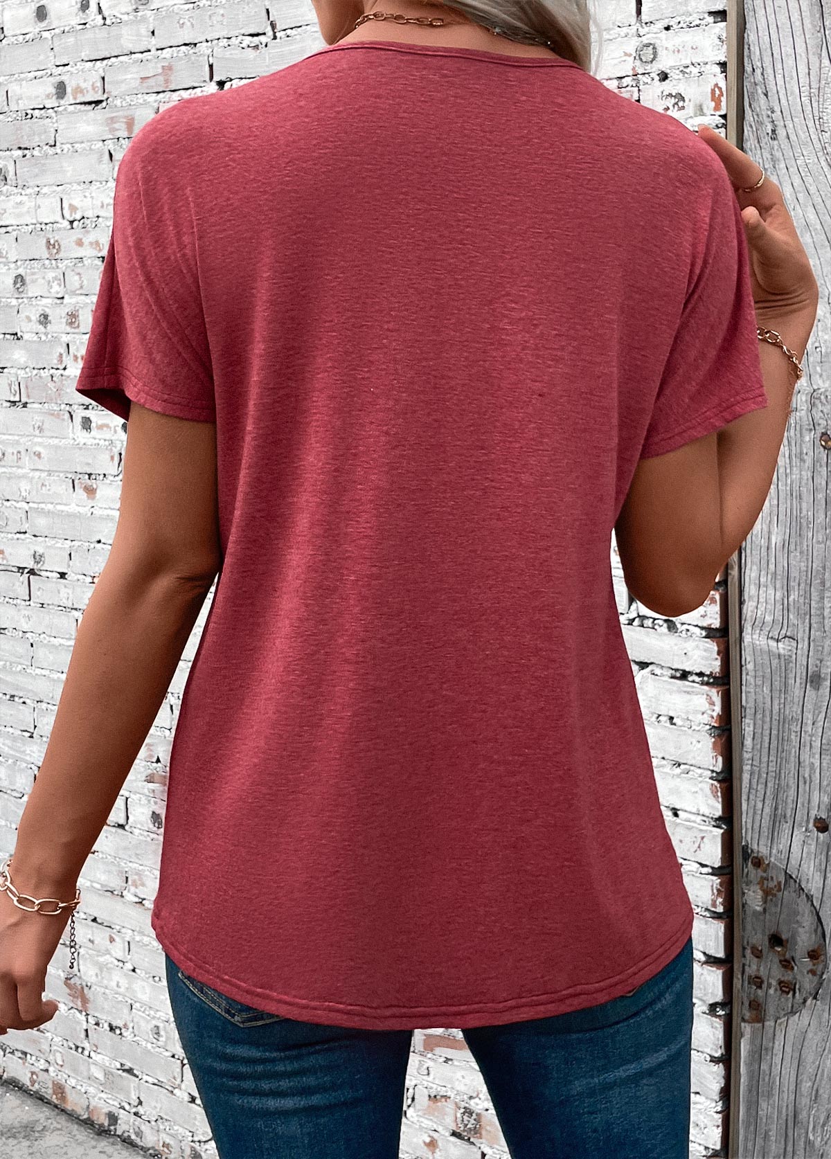 Patchwork Brick Red Short Sleeve V Neck T Shirt
