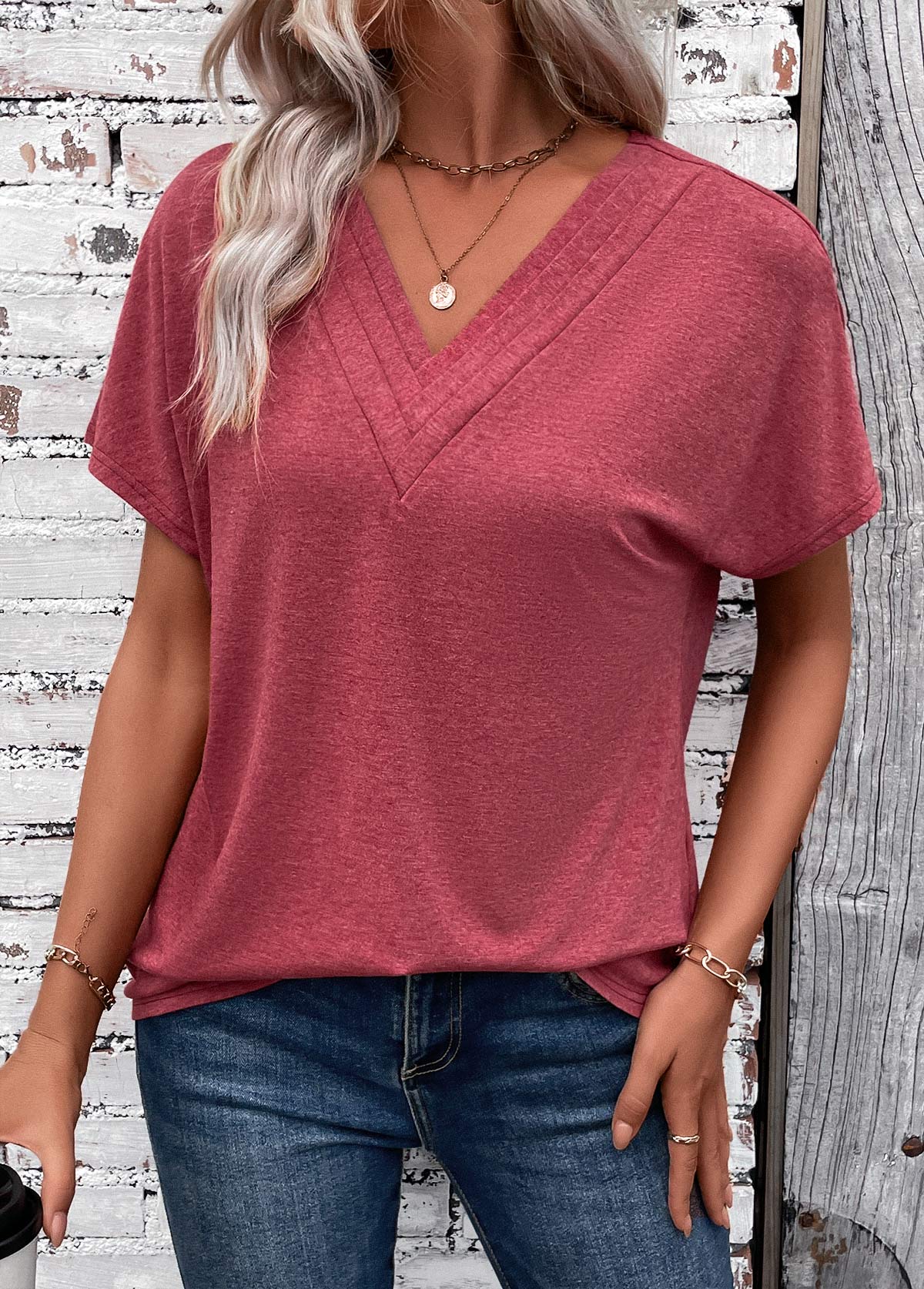 Patchwork Brick Red Short Sleeve V Neck T Shirt