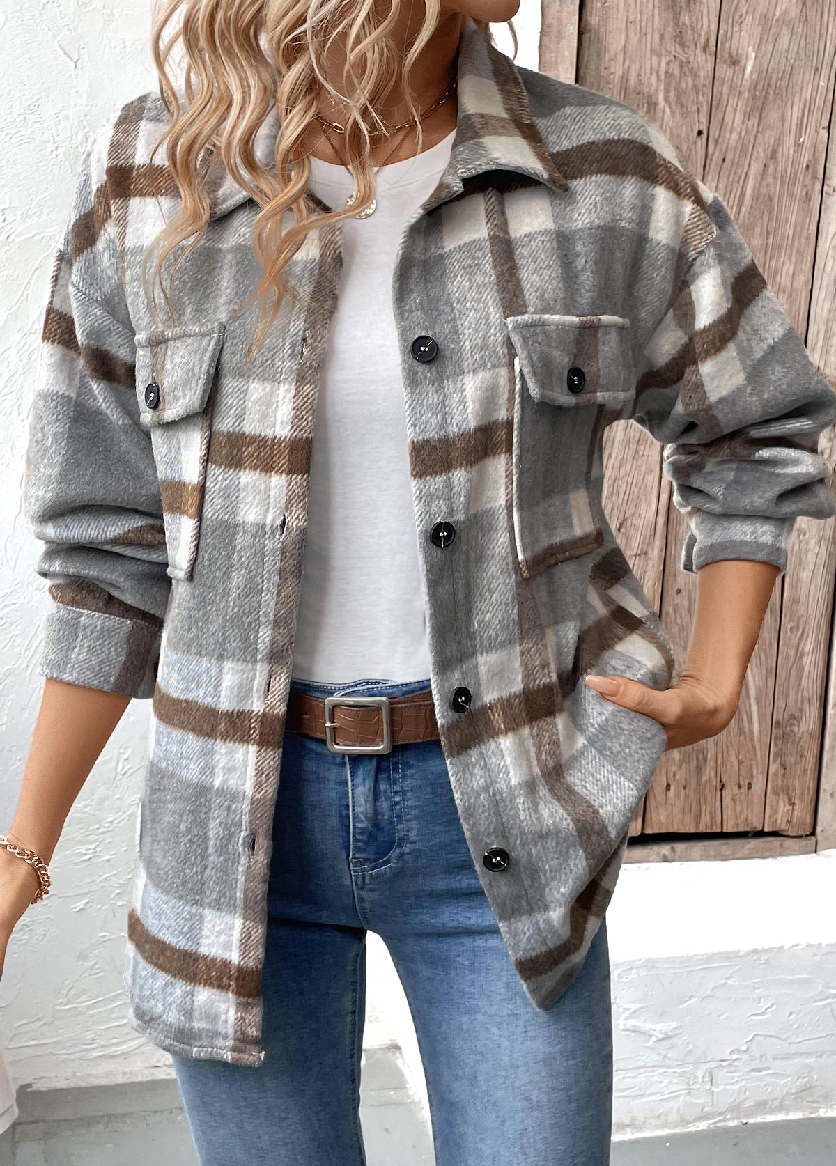 Plaid Tummy Coverage Grey Long Sleeve Coat