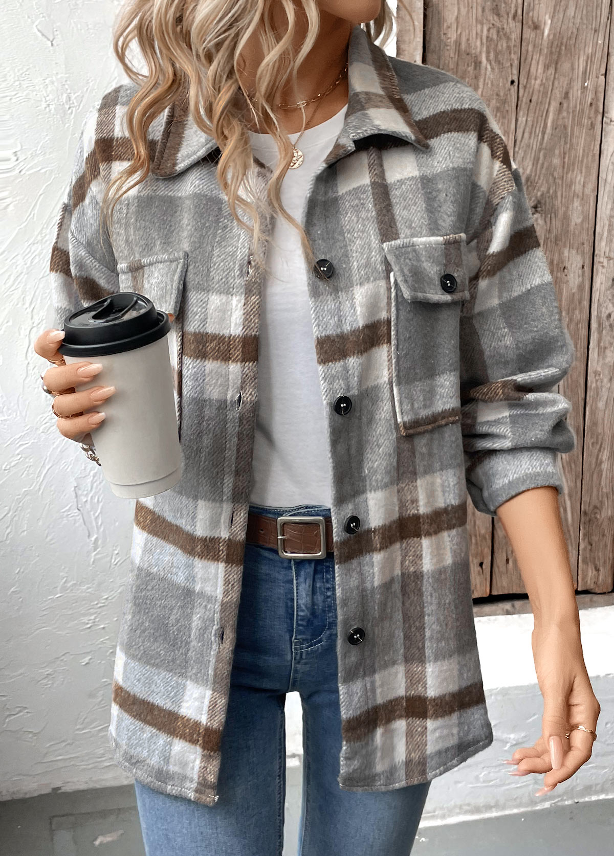 Plaid Tummy Coverage Grey Long Sleeve Coat
