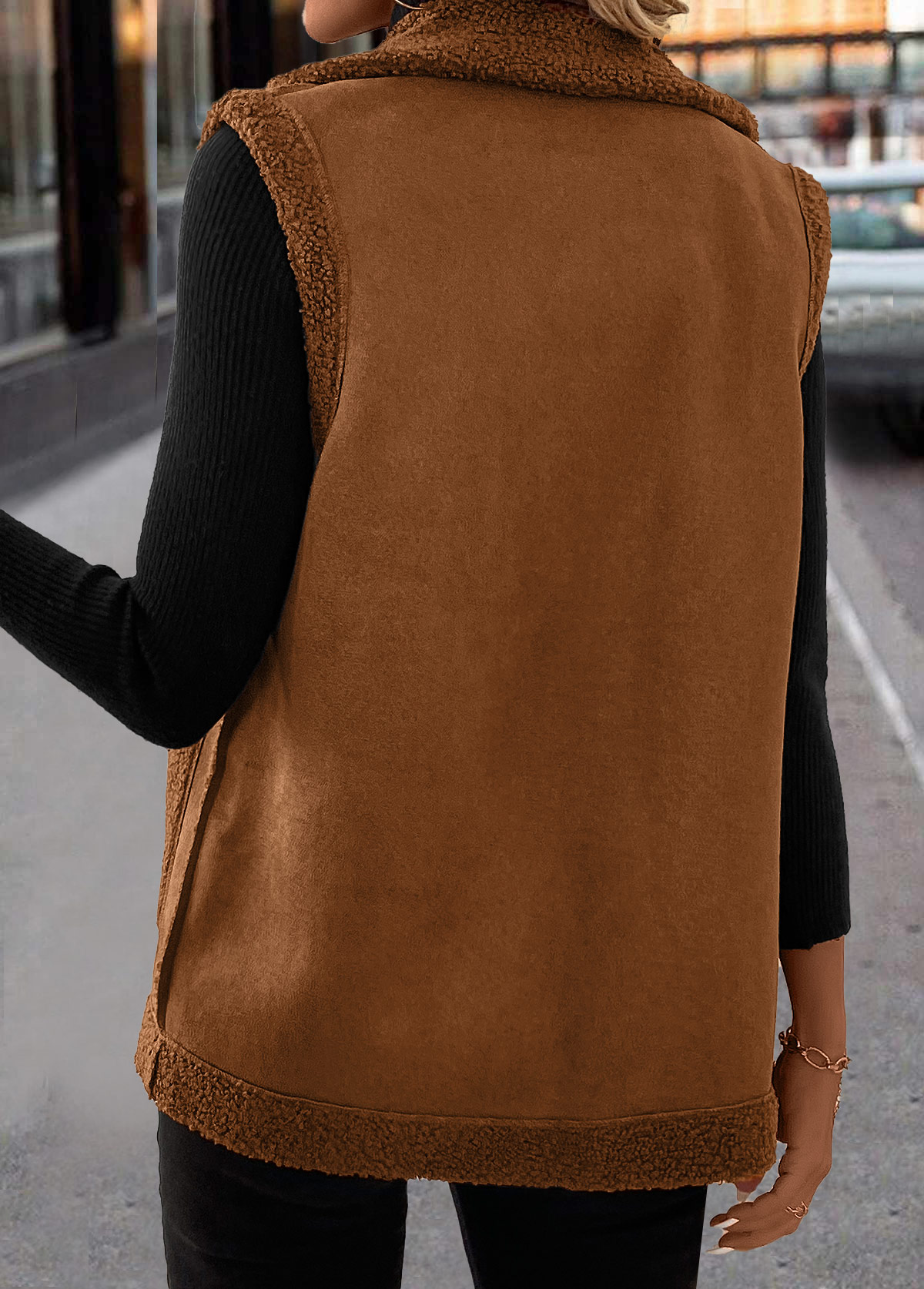 Patchwork Dark Coffee Sleeveless Turn Down Collar Waistcoat