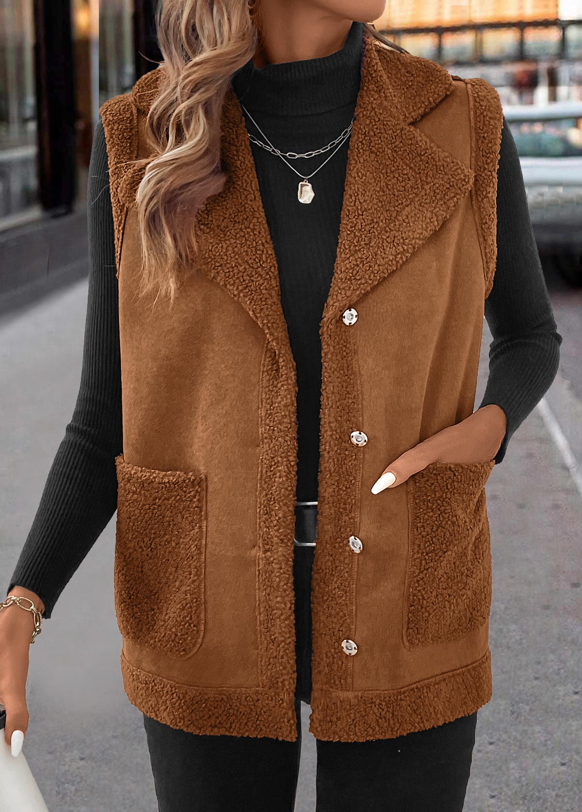 Patchwork Dark Coffee Sleeveless Turn Down Collar Waistcoat