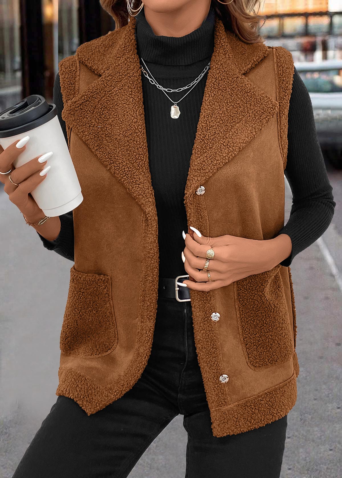 Patchwork Dark Coffee Sleeveless Turn Down Collar Waistcoat