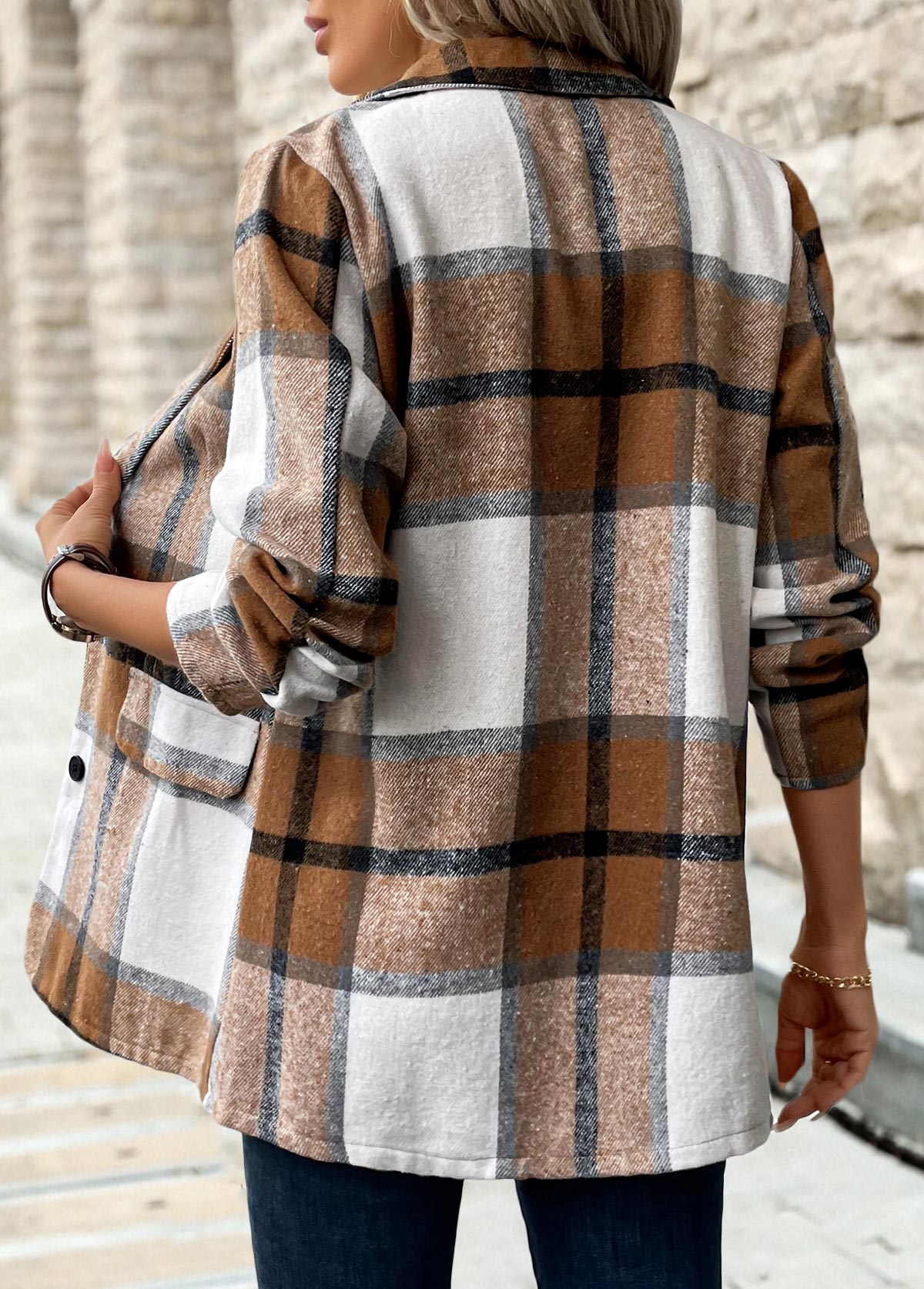 Plaid Button Dark Camel Long Sleeve Lapel Coat