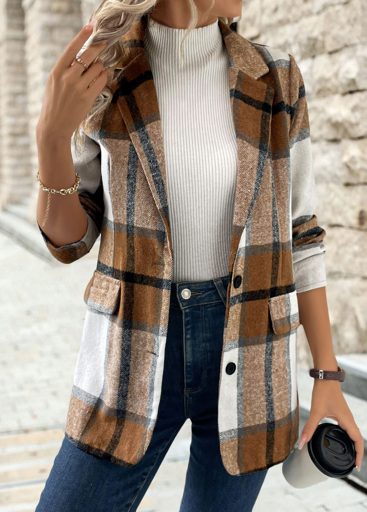 Plaid Button Dark Camel Long Sleeve Lapel Coat