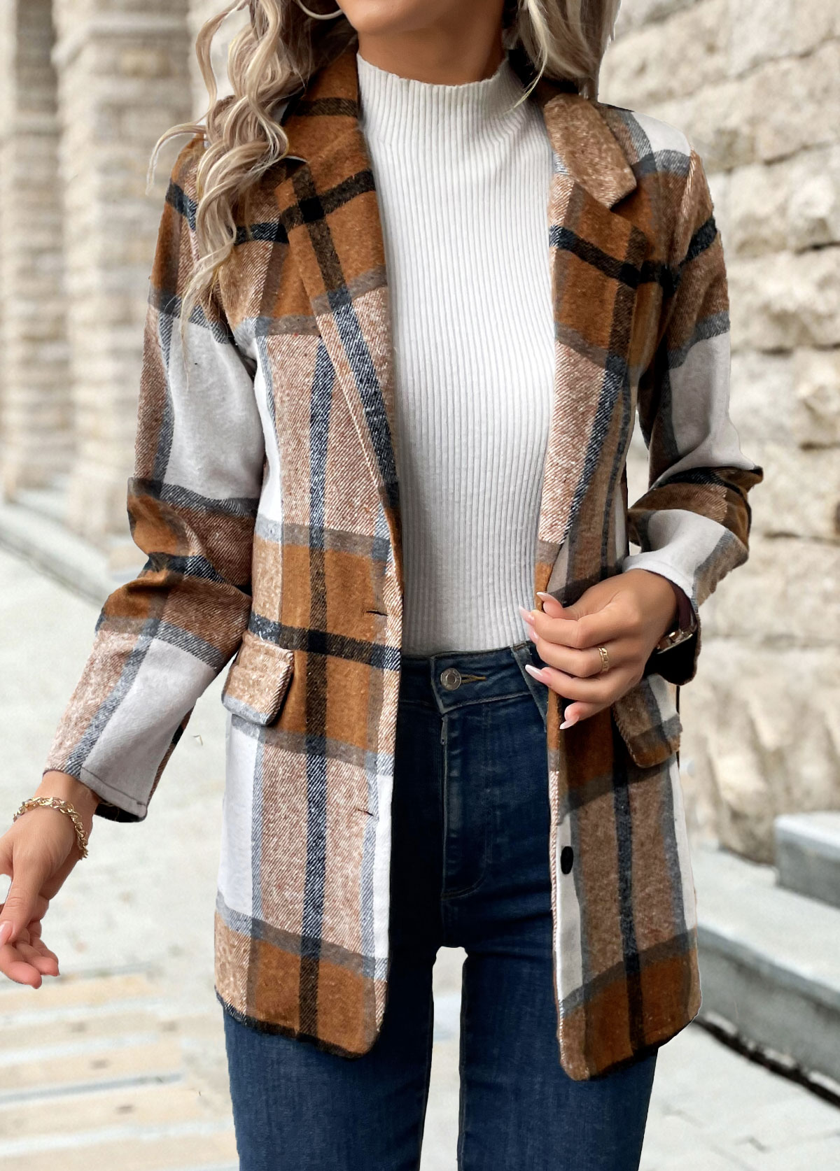 Plaid Button Dark Camel Long Sleeve Lapel Coat
