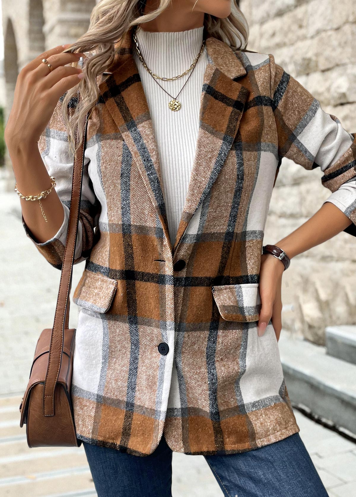 Plaid Button Dark Camel Long Sleeve Lapel Coat
