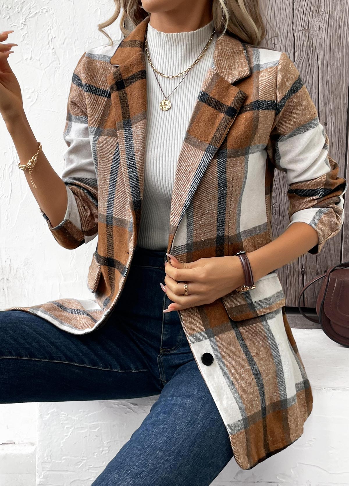 Plaid Button Dark Camel Long Sleeve Lapel Coat