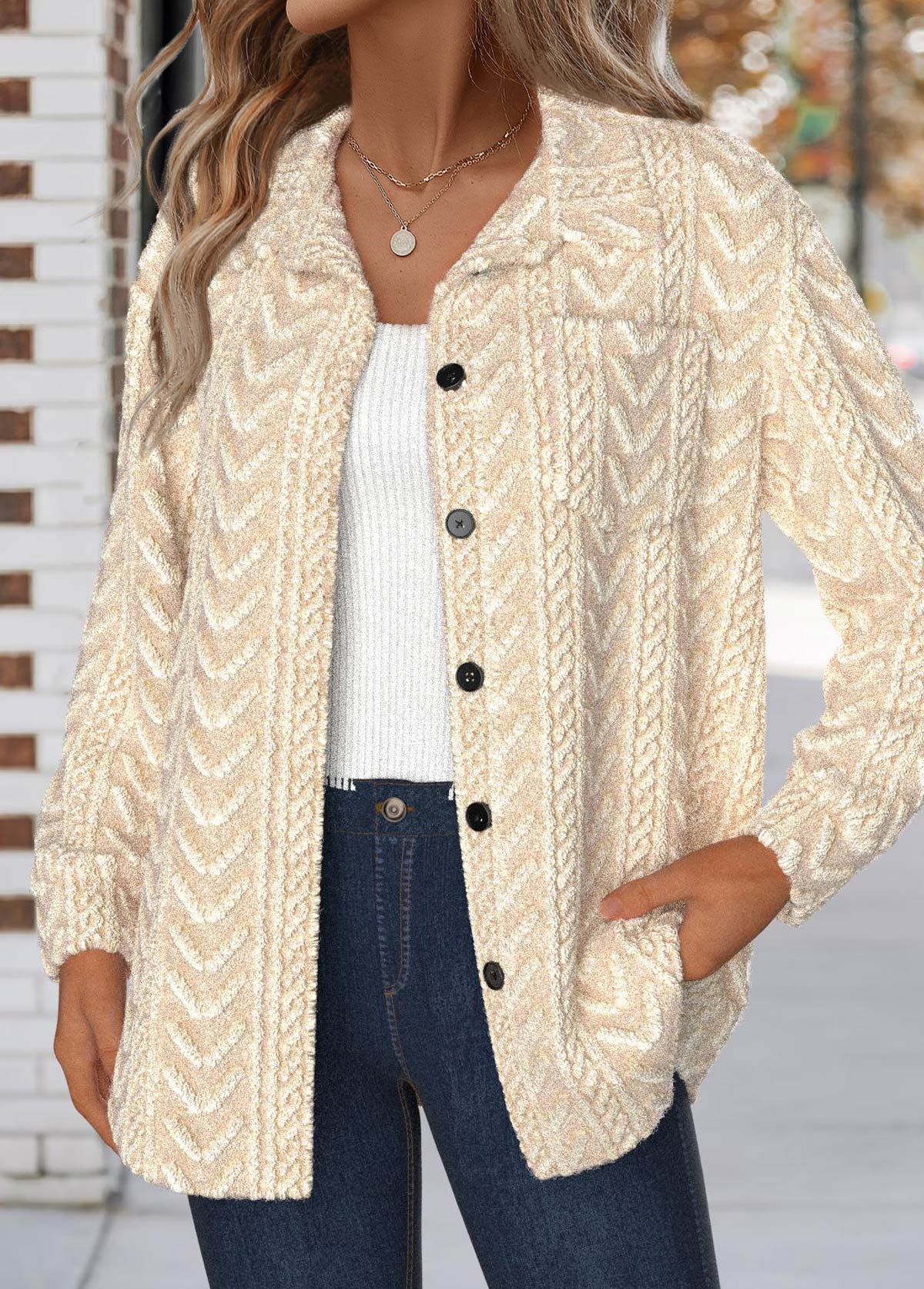 Button Beige Long Sleeve Turn Down Collar Jacket