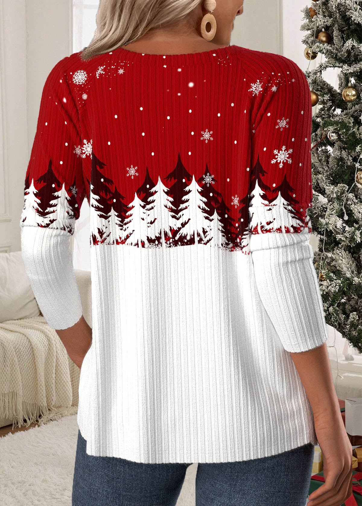 Christmas Button Wine Red Long Sleeve T Shirt