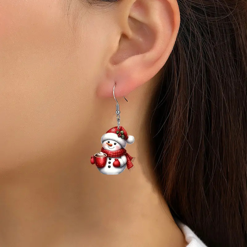 Christmas Red Snowman Print Acrylic Earrings