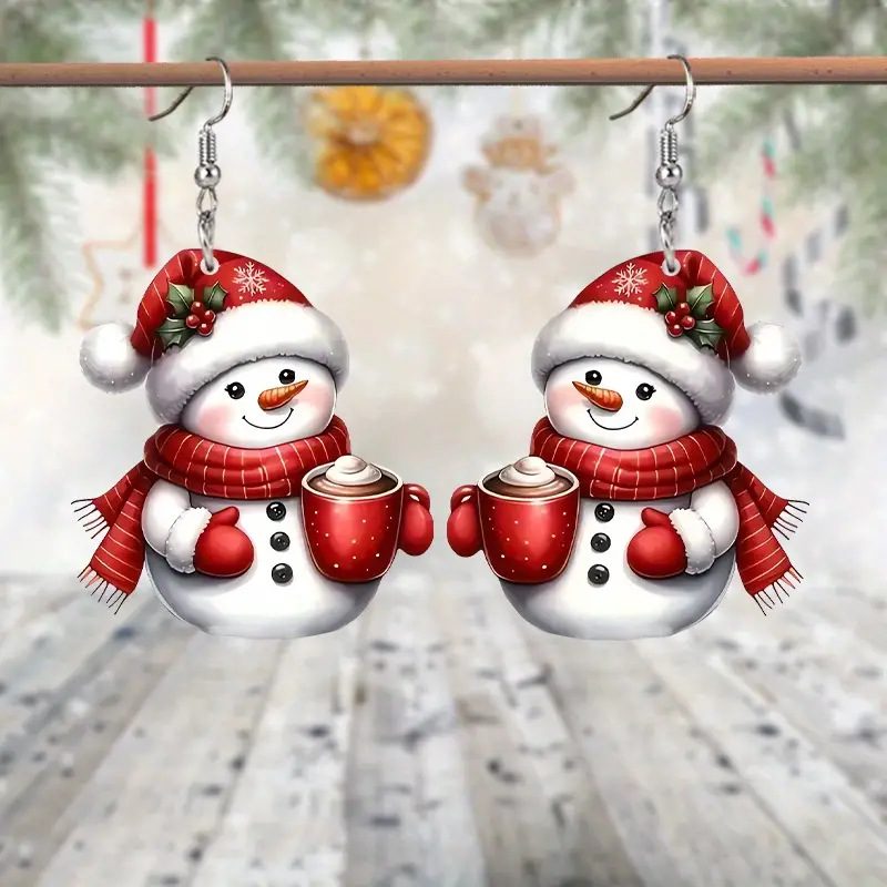 Christmas Red Snowman Print Acrylic Earrings