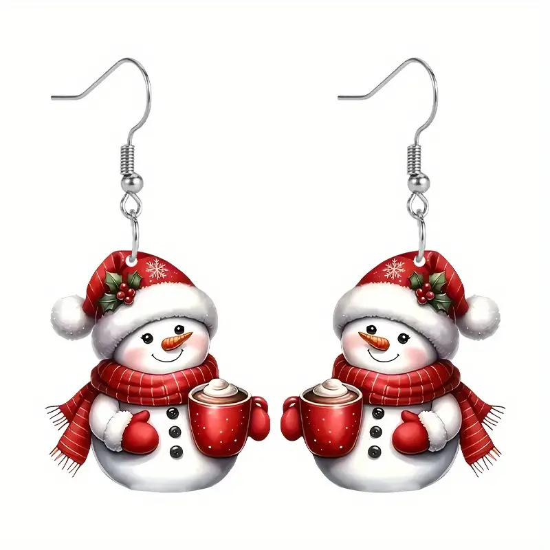 Christmas Red Snowman Print Acrylic Earrings