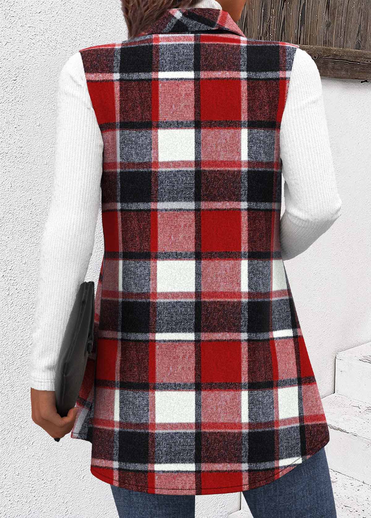 Plaid Button Wine Red Sleeveless Shirt Collar Waistcoat